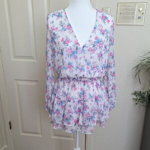 Sadie White Floral V-Neck Tiered Blouse with Pink and Blue Flowers
